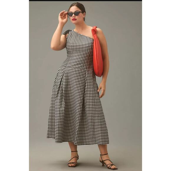 NWT By Anthropologie One-Shoulder Gingham Midi Dress $168 MEDIUM Black and White - Picture 5 of 5